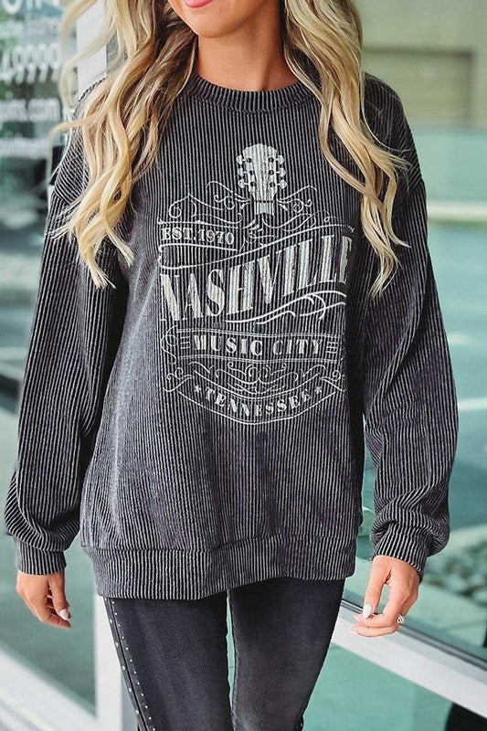 Ribbed Round Neck Long Sleeve Graphic Sweatshirt - Trendsi - Flyclothing LLC