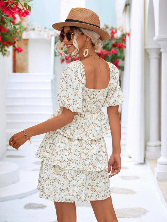 Floral Smocked Puff Sleeve Square Neck Layered Dress - Flyclothing LLC