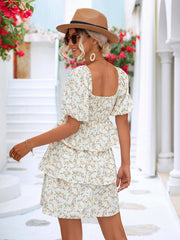 Floral Smocked Puff Sleeve Square Neck Layered Dress - Trendsi