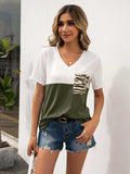 Color Block V-Neck Short Sleeve Tee - Trendsi - Flyclothing LLC