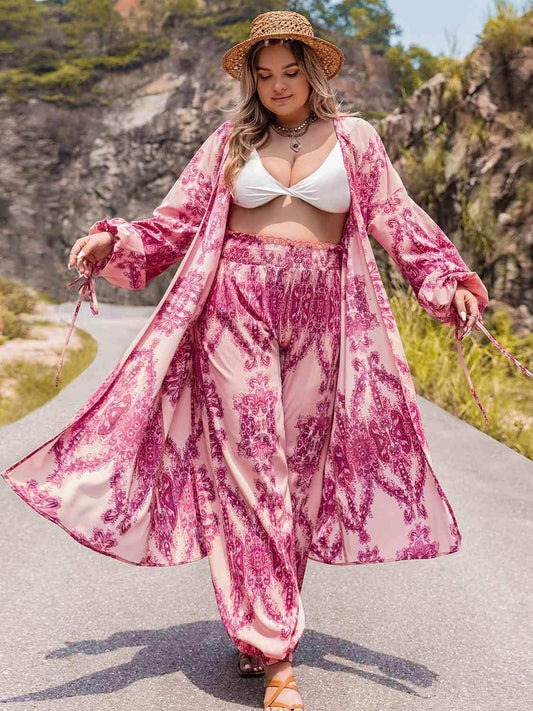 Plus Size Open Front Cardigan and Pants Set - Trendsi - Flyclothing LLC