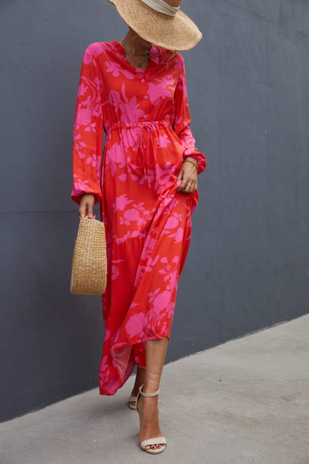 Floral Drawstring Waist Long Sleeve Dress - Trendsi - Flyclothing LLC