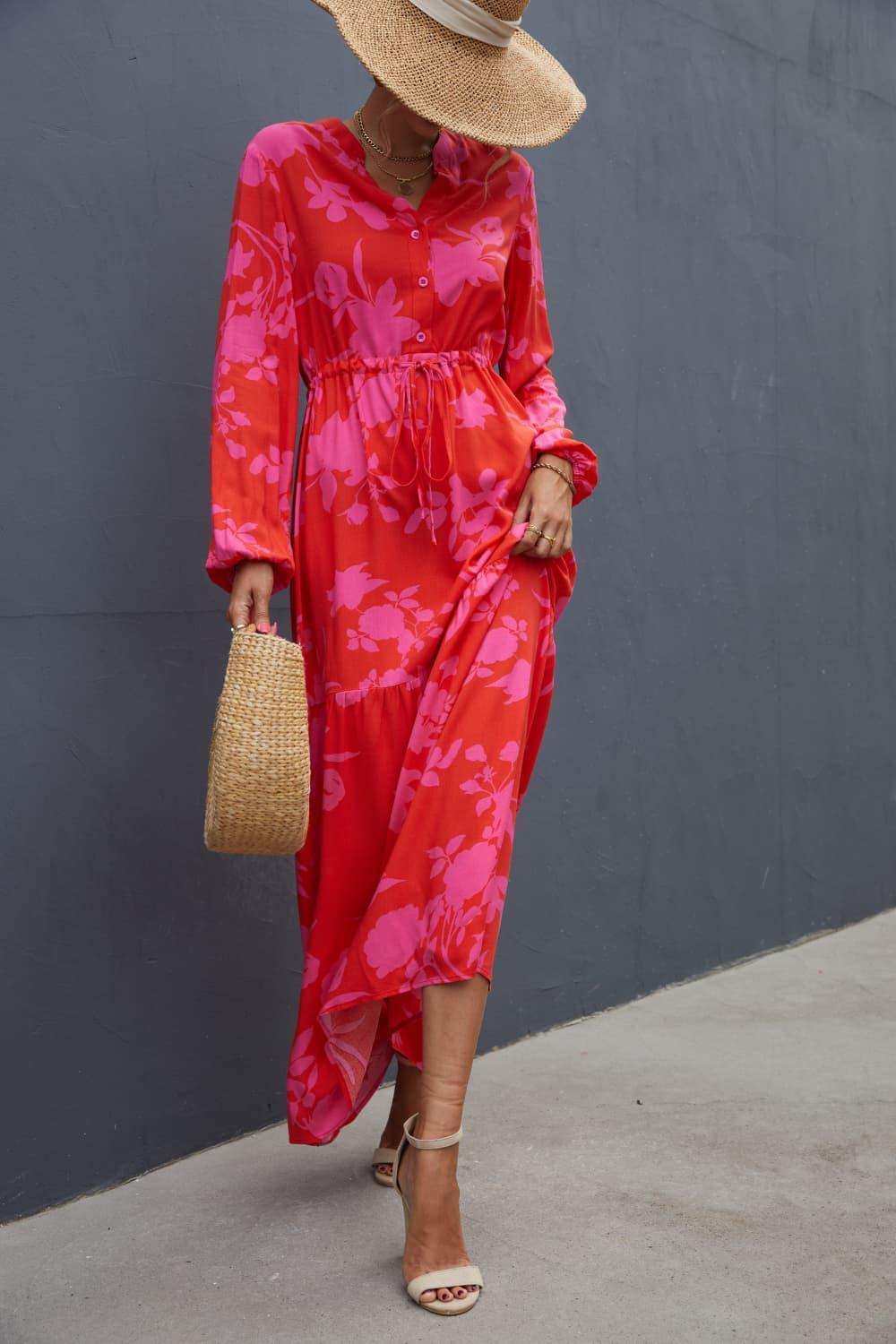 Floral Drawstring Waist Long Sleeve Dress - Trendsi - Flyclothing LLC
