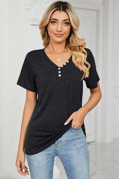 V-Neck Short Sleeve T-Shirt - Trendsi - Flyclothing LLC