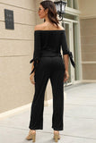 Off-Shoulder Tie Cuff Jumpsuit with Pockets - Trendsi