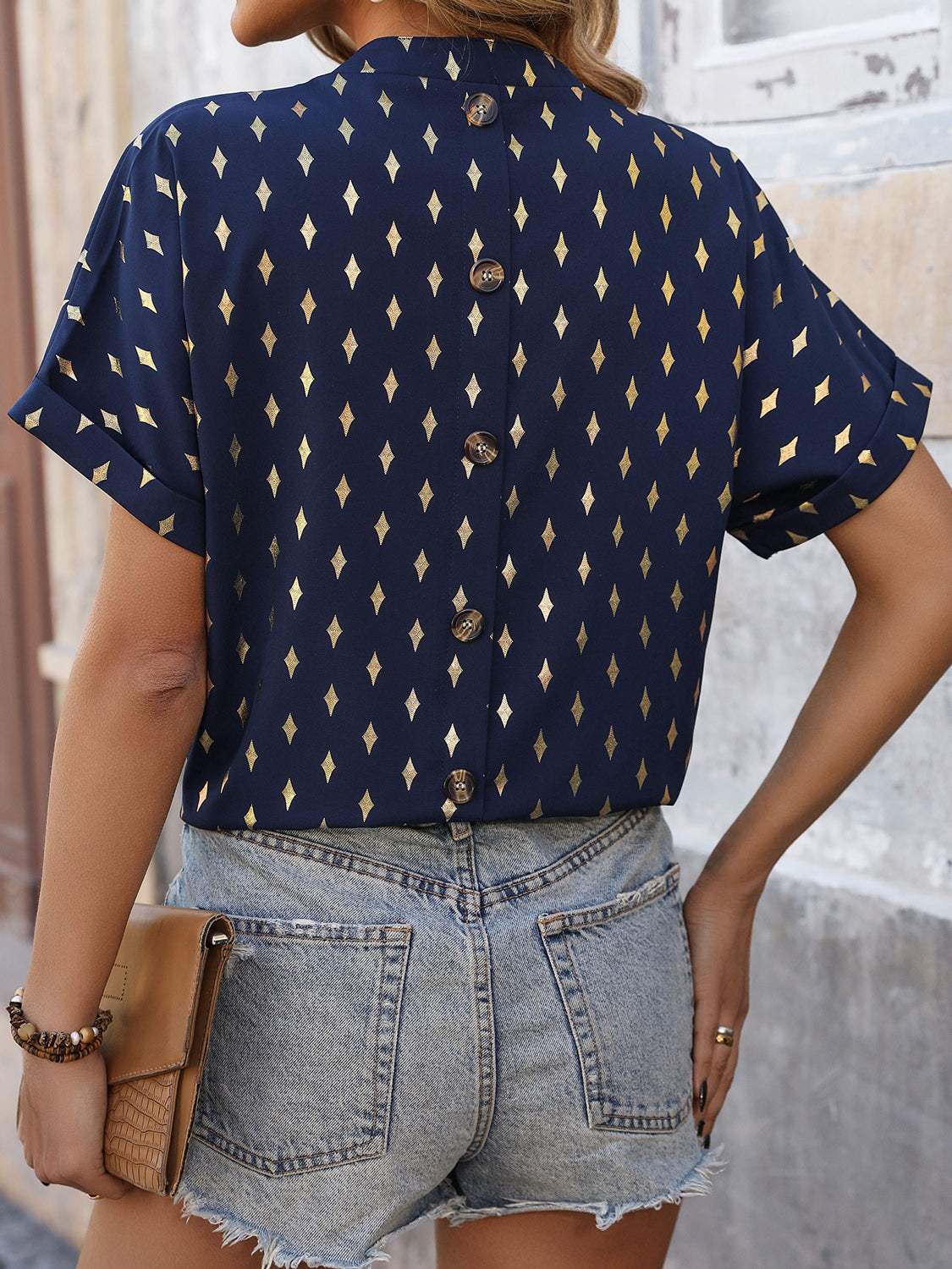 Printed Notched Short Sleeve Blouse - Trendsi - Flyclothing LLC