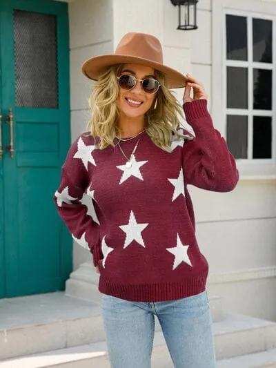 Star Round Neck Dropped Shoulder Sweater - Trendsi - Flyclothing LLC