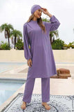 Cap, Drawstring Mock Neck Long Sleeve Top and Pants Swim Set - Trendsi - Flyclothing LLC