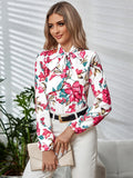 Printed Tie Neck Long Sleeve Blouse - Trendsi