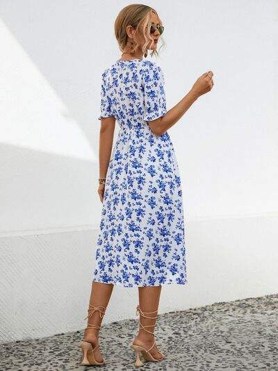Slit Printed V-Neck Short Sleeve Dress - Trendsi - Flyclothing LLC