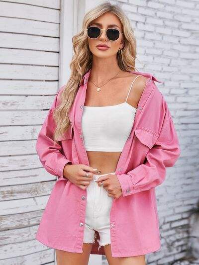 Pocketed Snap Down Dropped Shoulder Denim Shacket - Trendsi - Flyclothing LLC