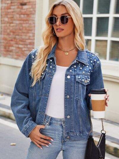 Pearl Detail Collared Neck Long Sleeve Denim Jacket - Trendsi - Flyclothing LLC