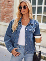 Pearl Detail Collared Neck Long Sleeve Denim Jacket - Trendsi - Flyclothing LLC