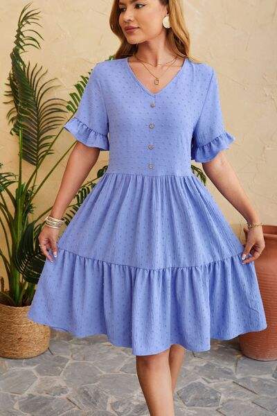 Swiss Dot Ruffled V-Neck Tiered Dress - Trendsi - Flyclothing LLC