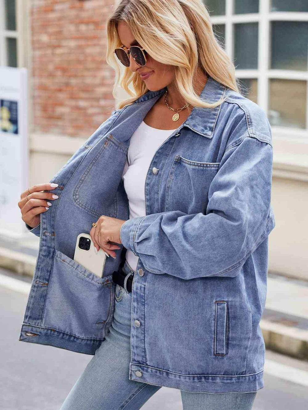 Button Up Denim Jacket with Pockets - Trendsi - Flyclothing LLC