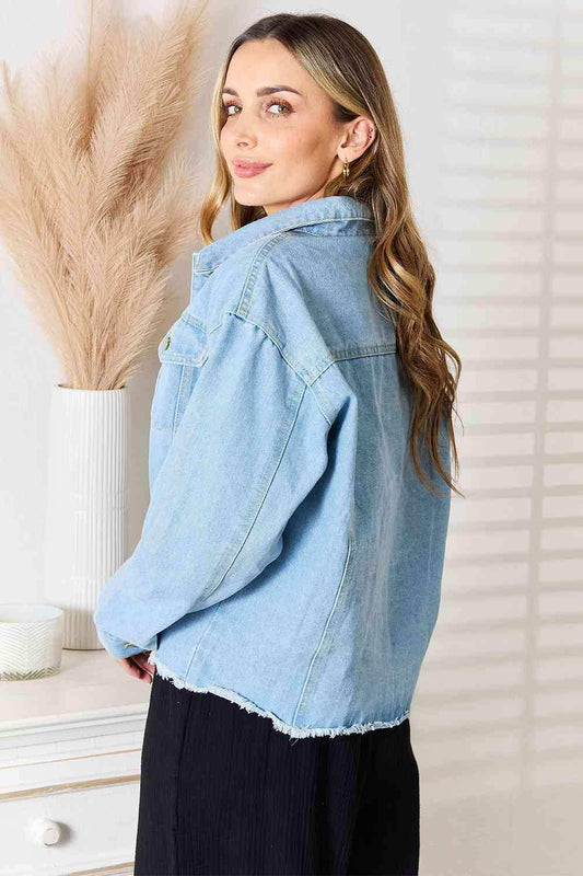 Double Take Dropped Shoulder Raw Hem Denim Jacket - Trendsi - Flyclothing LLC