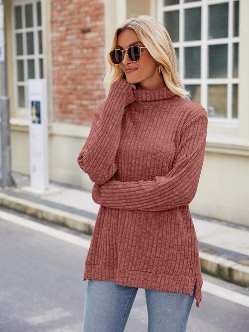 Ribbed Turtleneck Long Sleeve Slit Knit Top - Trendsi - Flyclothing LLC