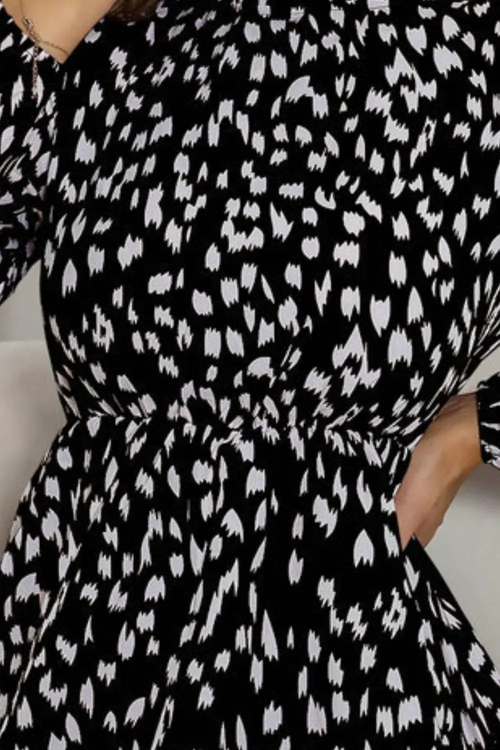 Printed Frill Neck Long Sleeve Dress - Trendsi - Flyclothing LLC