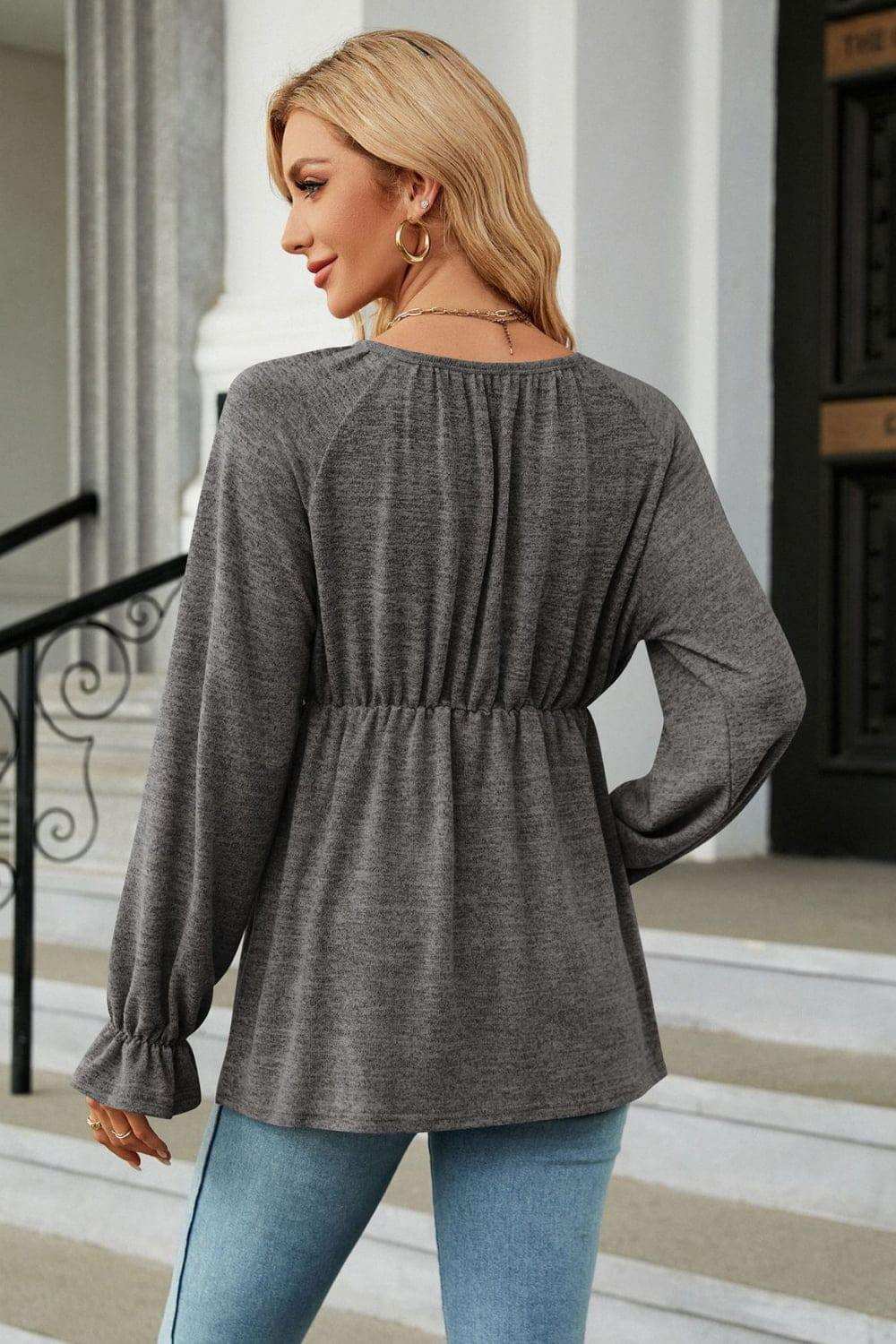 Round Neck Flounce Sleeve Blouse - Trendsi - Flyclothing LLC