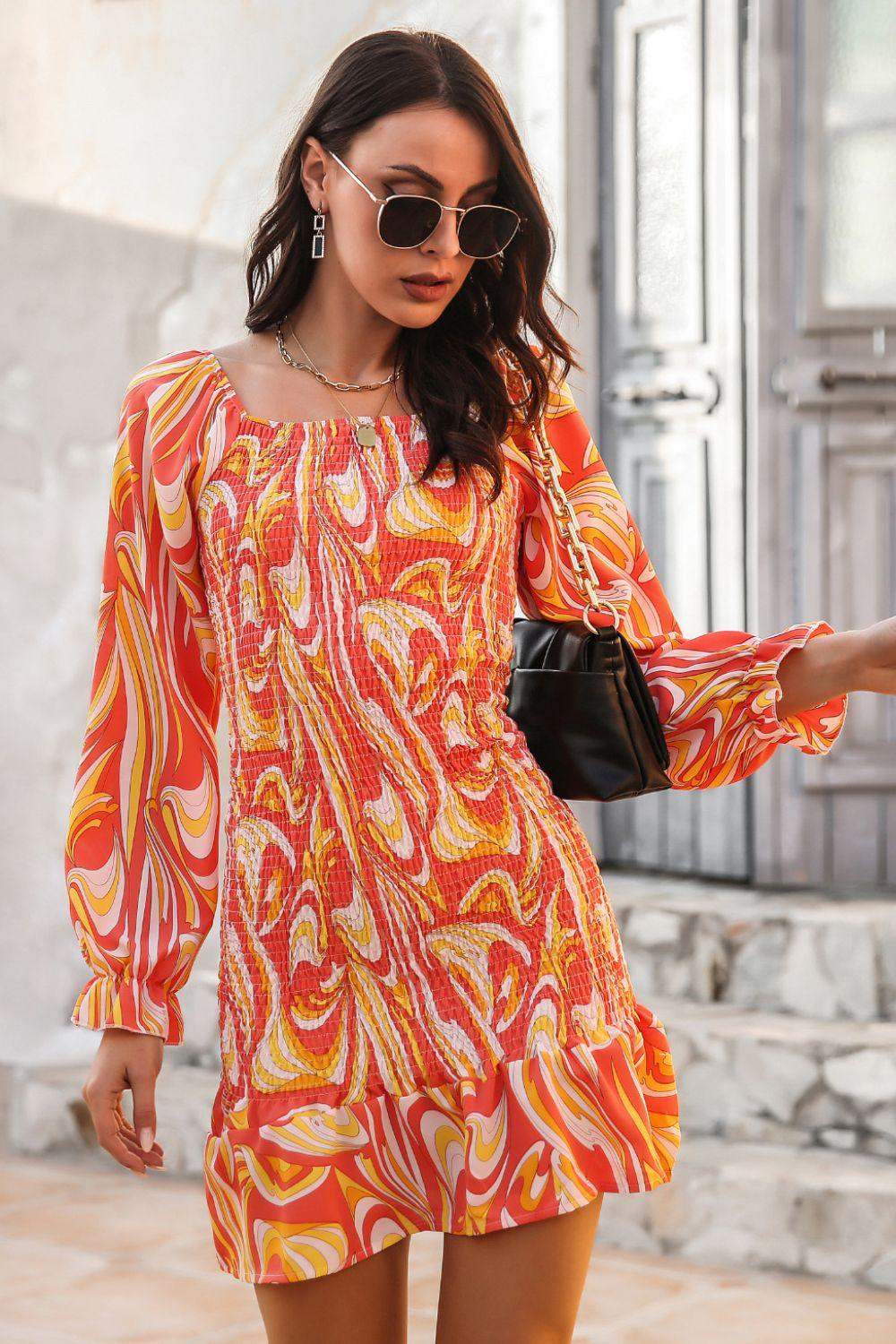 Abstract Print Square Neck Smocked Dress - Trendsi - Flyclothing LLC