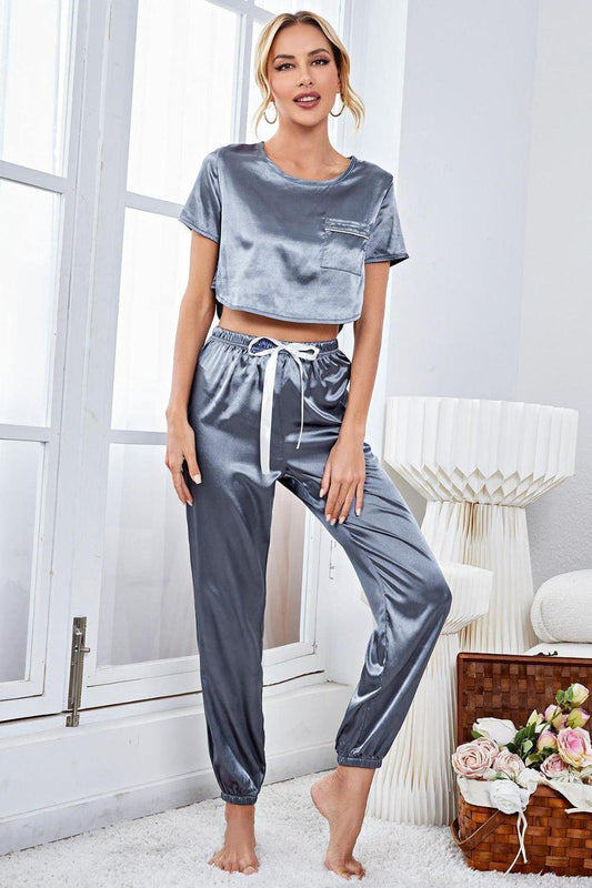 Satin Short Sleeve Crop Top and Joggers Lounge Set - Trendsi