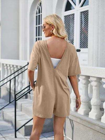Backless Pocketed Round Neck Half Sleeve Romper - Trendsi - Flyclothing LLC