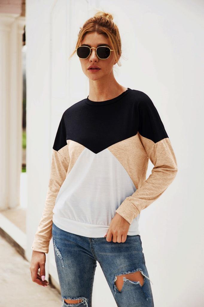 Color Block Round Neck Long Sleeve Top - Trendsi
