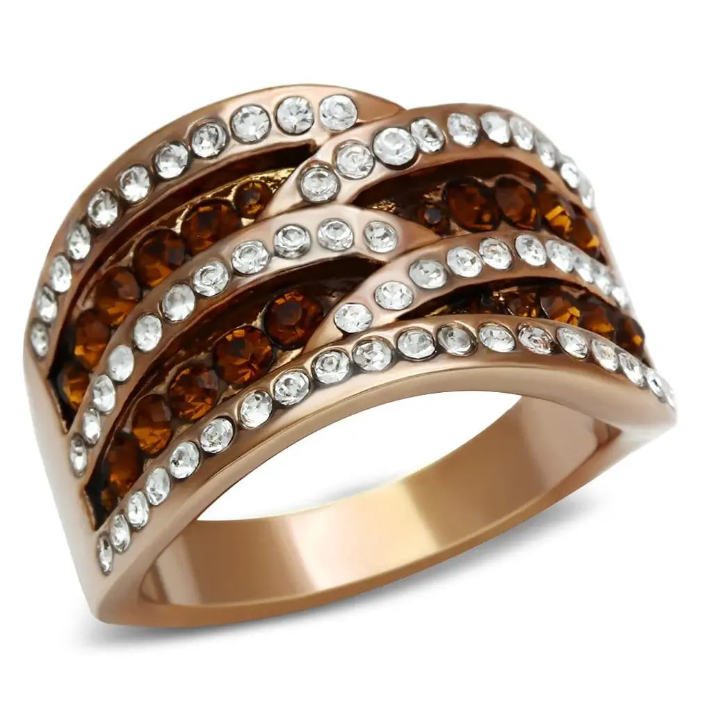 Alamode IP Rose Gold(Ion Plating) Brass Ring with Top Grade Crystal in Smoked Quartz - Alamode - Flyclothing LLC