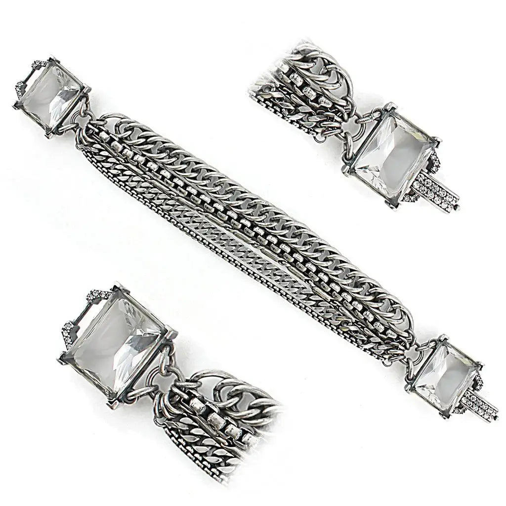 Alamode Antique Silver Brass Bracelet with Synthetic Synthetic Glass in Clear - Alamode - Flyclothing LLC