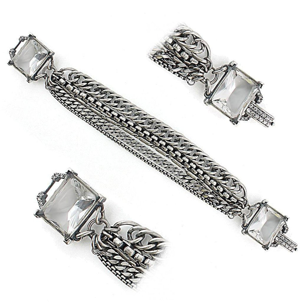 Alamode Antique Silver Brass Bracelet with Synthetic Synthetic Glass in Clear - Alamode