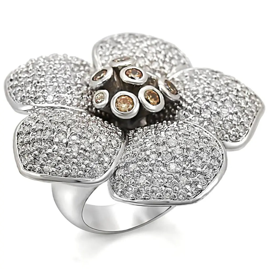 Alamode Rhodium Brass Ring with AAA Grade CZ in Champagne - Alamode - Flyclothing LLC
