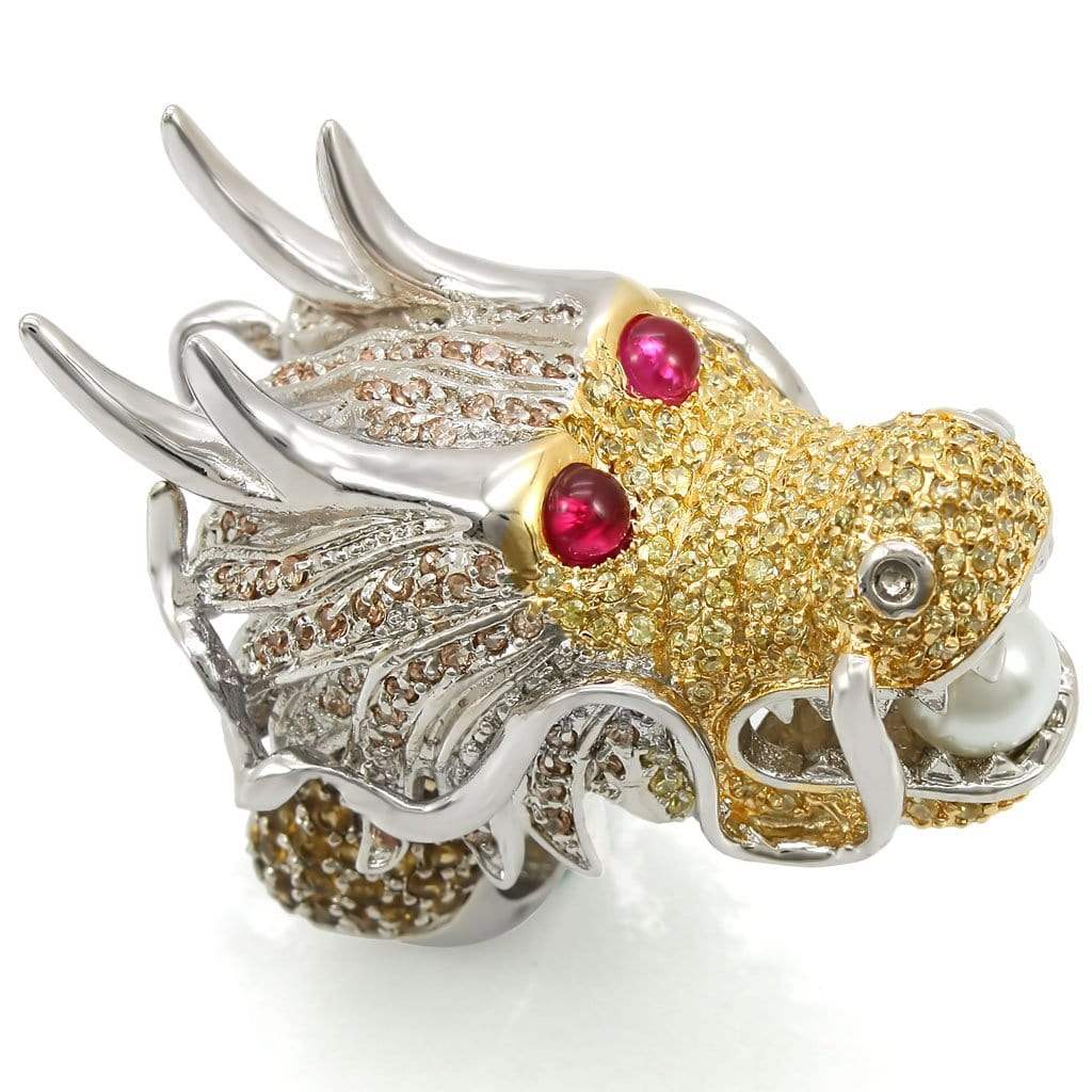 Alamode Reverse Two-Tone Brass Ring with Synthetic Glass Bead in White - Alamode - Flyclothing LLC