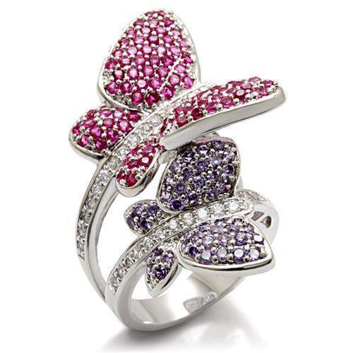 Alamode Rhodium Brass Ring with AAA Grade CZ in Multi Color - Alamode - Flyclothing LLC