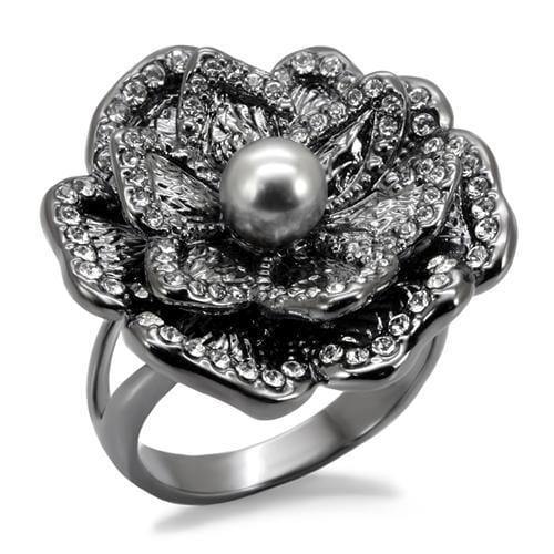 Alamode TIN Cobalt Black Brass Ring with Synthetic Pearl in Light Gray - Alamode