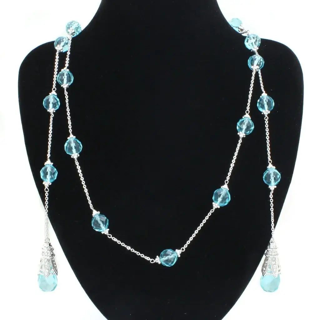 Alamode Rhodium White Metal Necklace with Synthetic Glass Bead in Sea Blue - Alamode - Flyclothing LLC