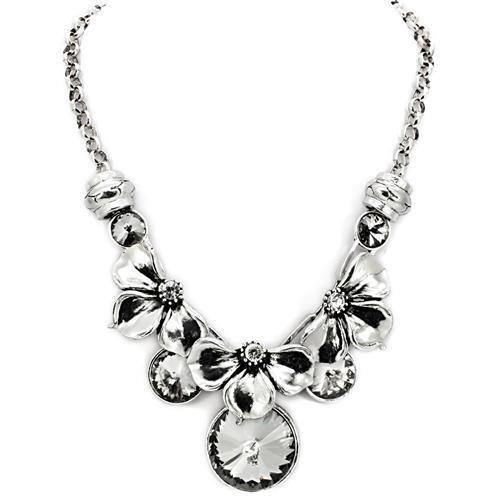 Alamode Antique Silver White Metal Necklace with Top Grade Crystal in Jet - Alamode