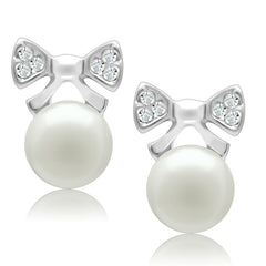 Alamode Rhodium White Metal Earrings with Synthetic Pearl in White