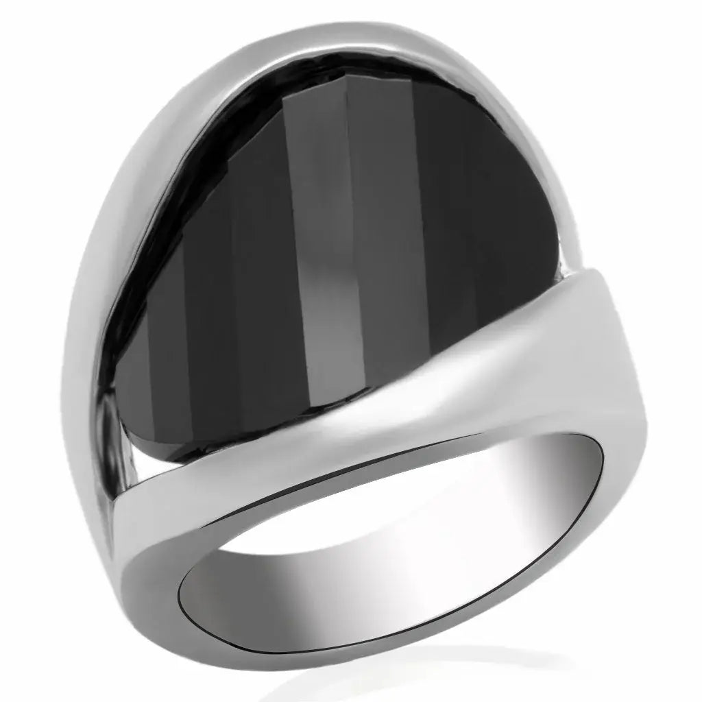 Alamode Rhodium Brass Ring with AAA Grade CZ in Jet - Alamode - Flyclothing LLC