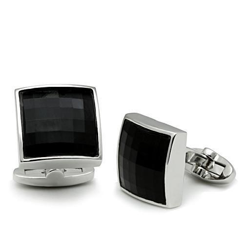 Alamode Rhodium Brass Cufflink with Synthetic Synthetic Glass in Jet