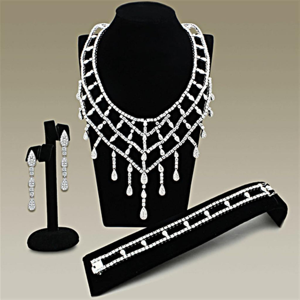 Alamode Rhodium Brass Jewelry Sets with AAA Grade CZ in Clear - Alamode