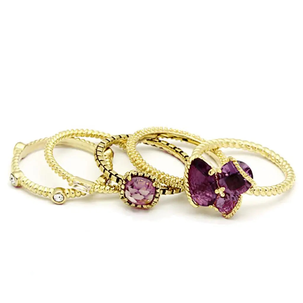 Alamode Gold Brass Ring with Synthetic Synthetic Glass in Amethyst - Alamode - Flyclothing LLC