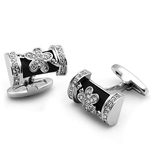 Alamode Rhodium Brass Cufflink with Top Grade Crystal in Clear
