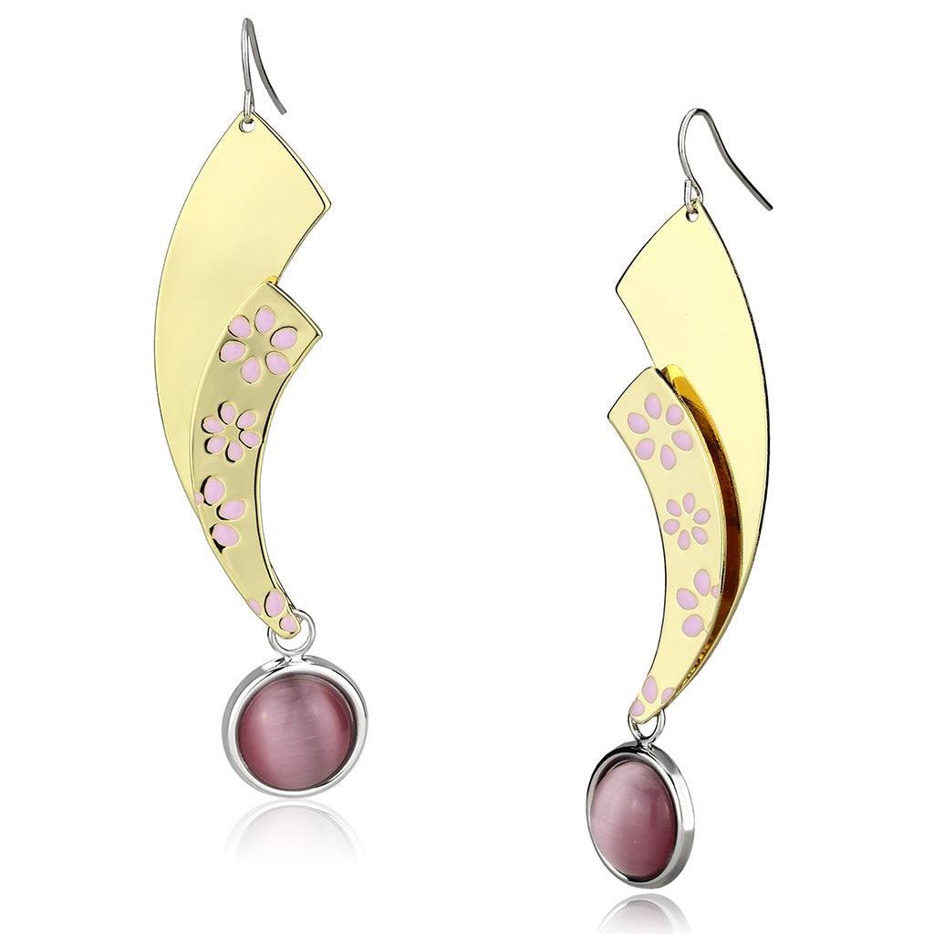 Alamode Gold+Rhodium Iron Earrings with Synthetic Cat Eye in Rose - Alamode
