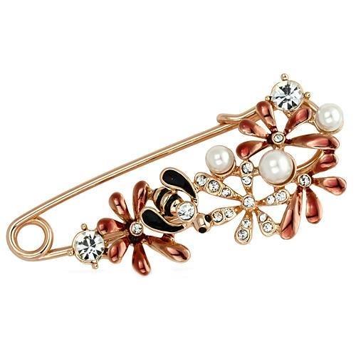 Alamode Flash Rose Gold White Metal Brooches with Synthetic Pearl in White