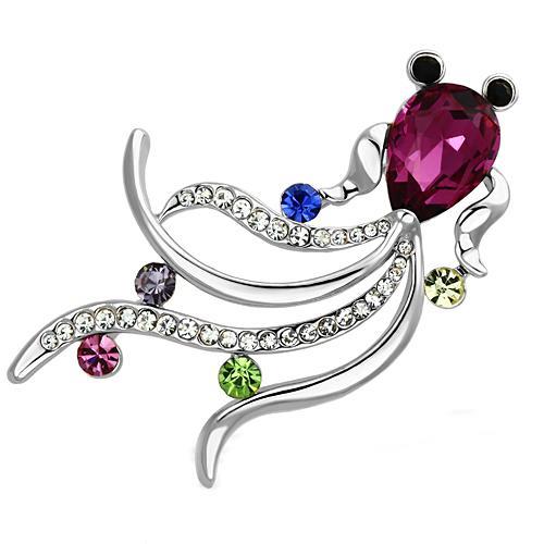 Alamode Imitation Rhodium White Metal Brooches with Synthetic Glass Bead in Fuchsia