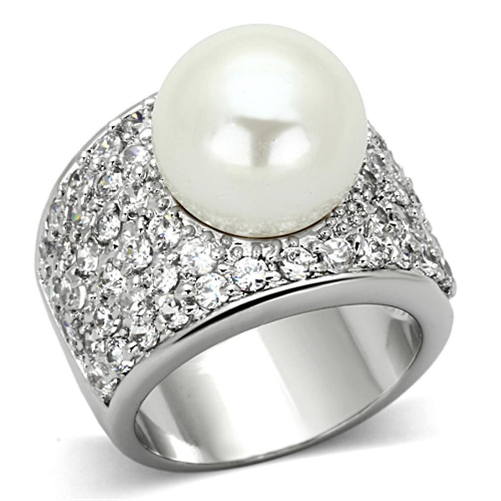 Alamode Rhodium Brass Ring with Synthetic Pearl in White - Alamode