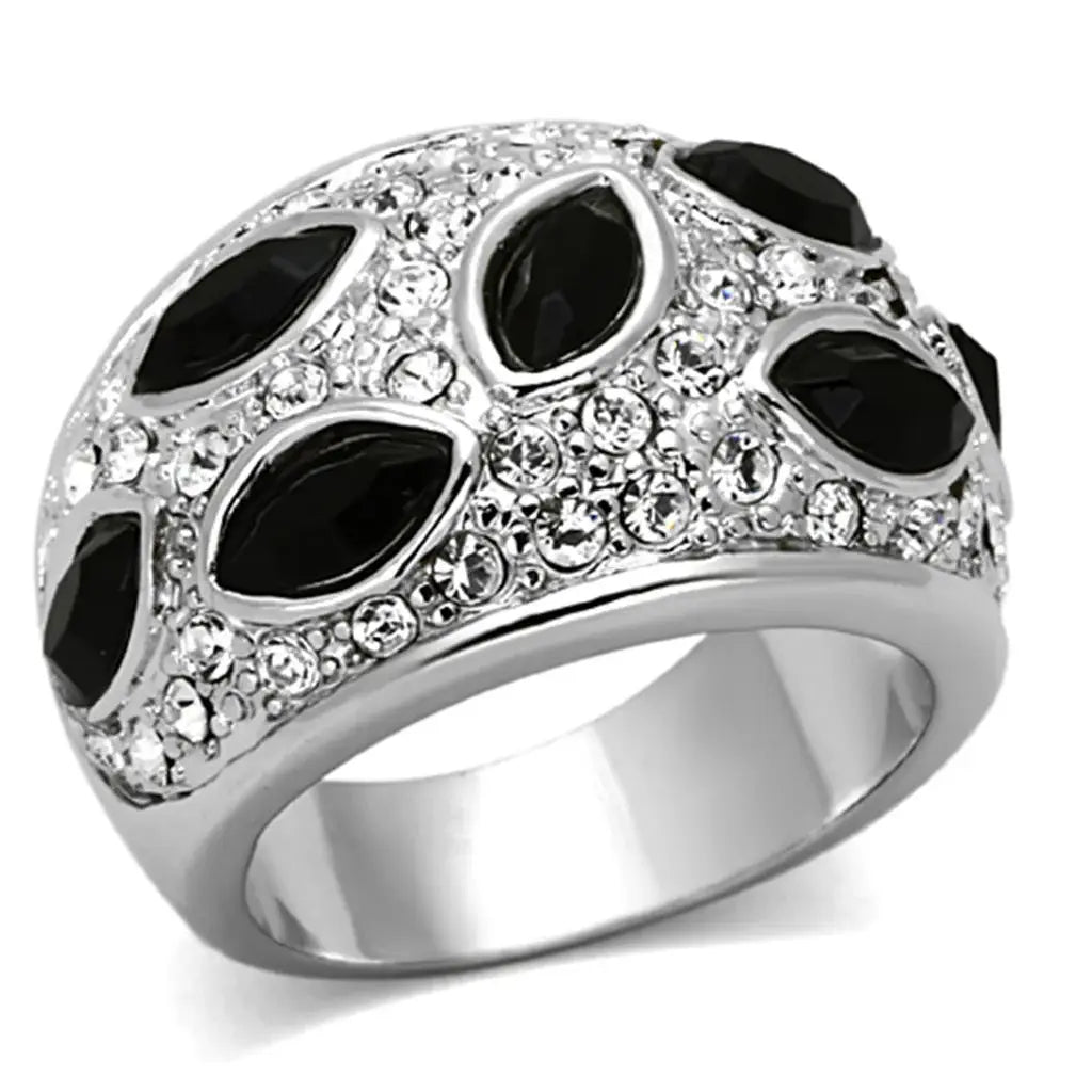 Alamode Rhodium Brass Ring with Synthetic Cat Eye in Jet - Alamode - Flyclothing LLC