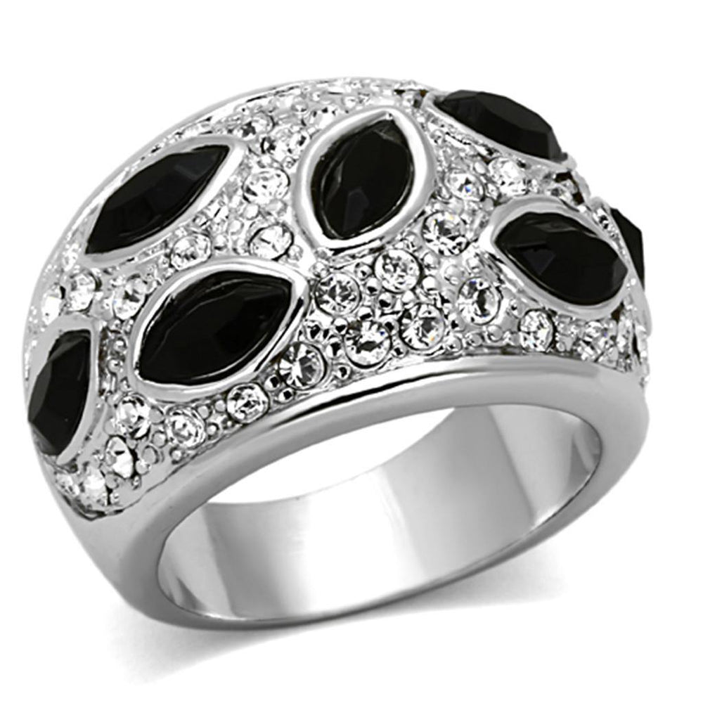 Alamode Rhodium Brass Ring with Synthetic Cat Eye in Jet - Alamode