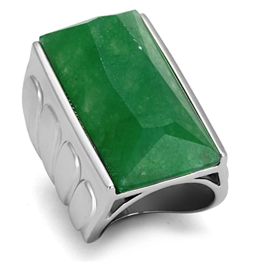 Alamode Rhodium Brass Ring with Synthetic Jade in Emerald