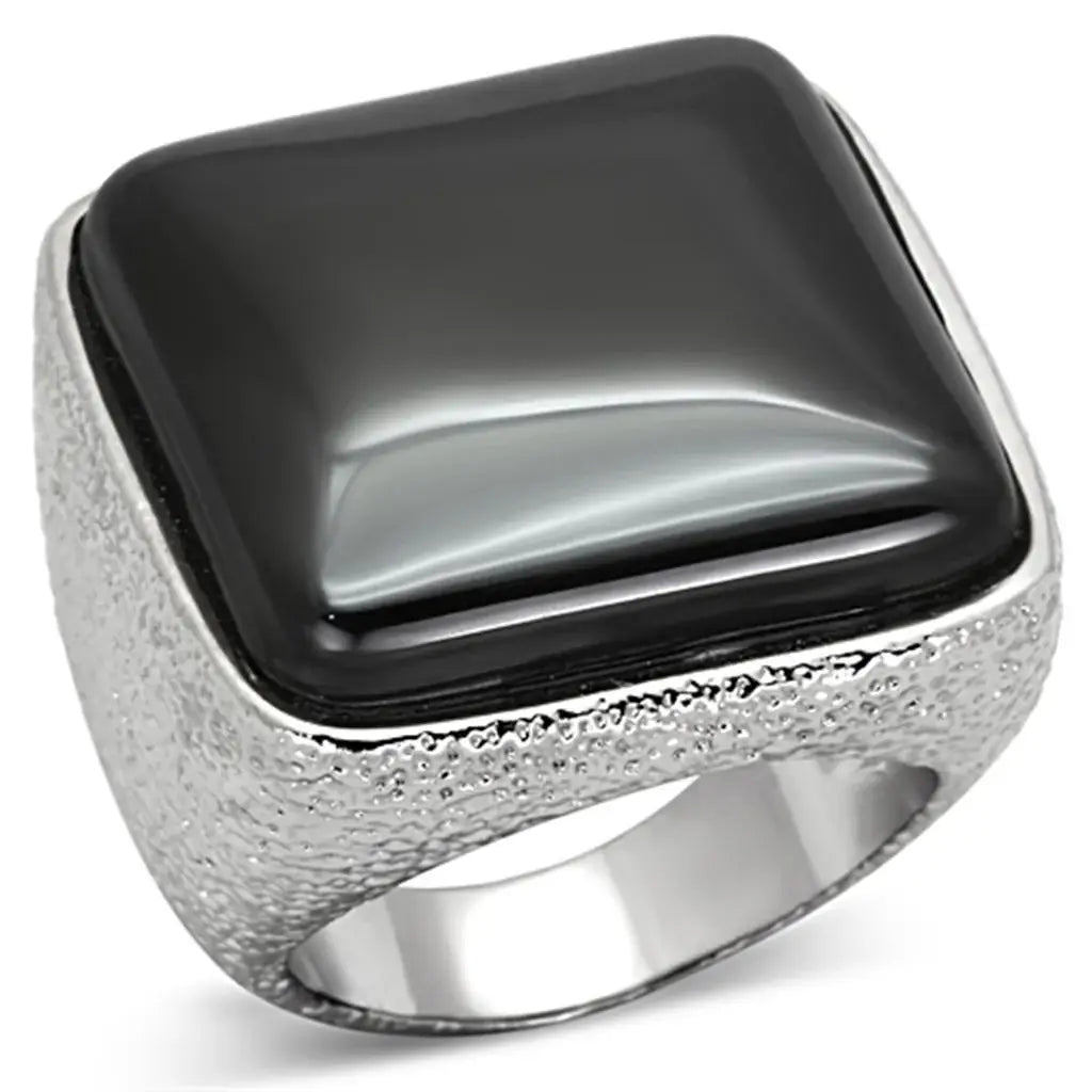 Alamode Rhodium Brass Ring with Semi-Precious Agate in Jet - Alamode - Flyclothing LLC